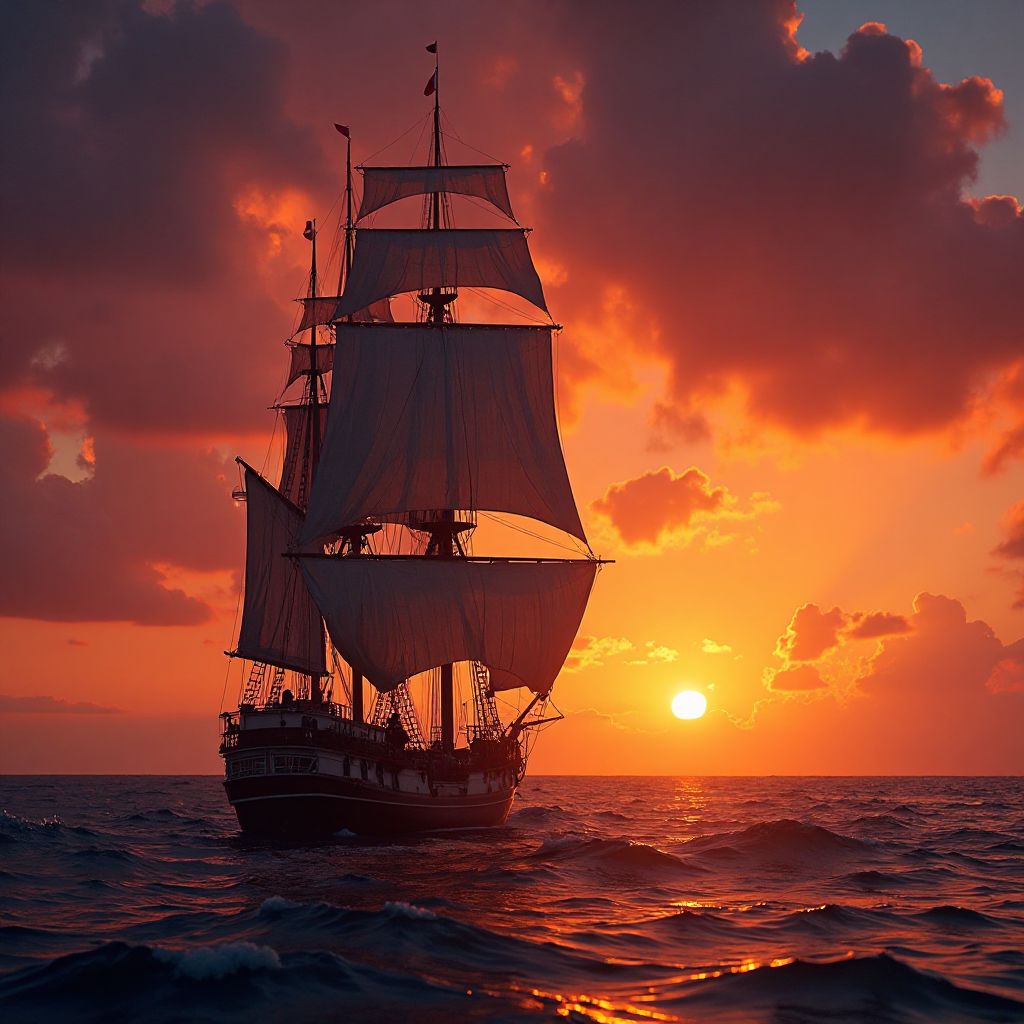 Ship under full sail at sunset