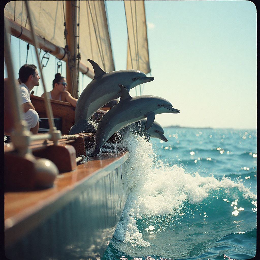Dolphins swimming alongside ship