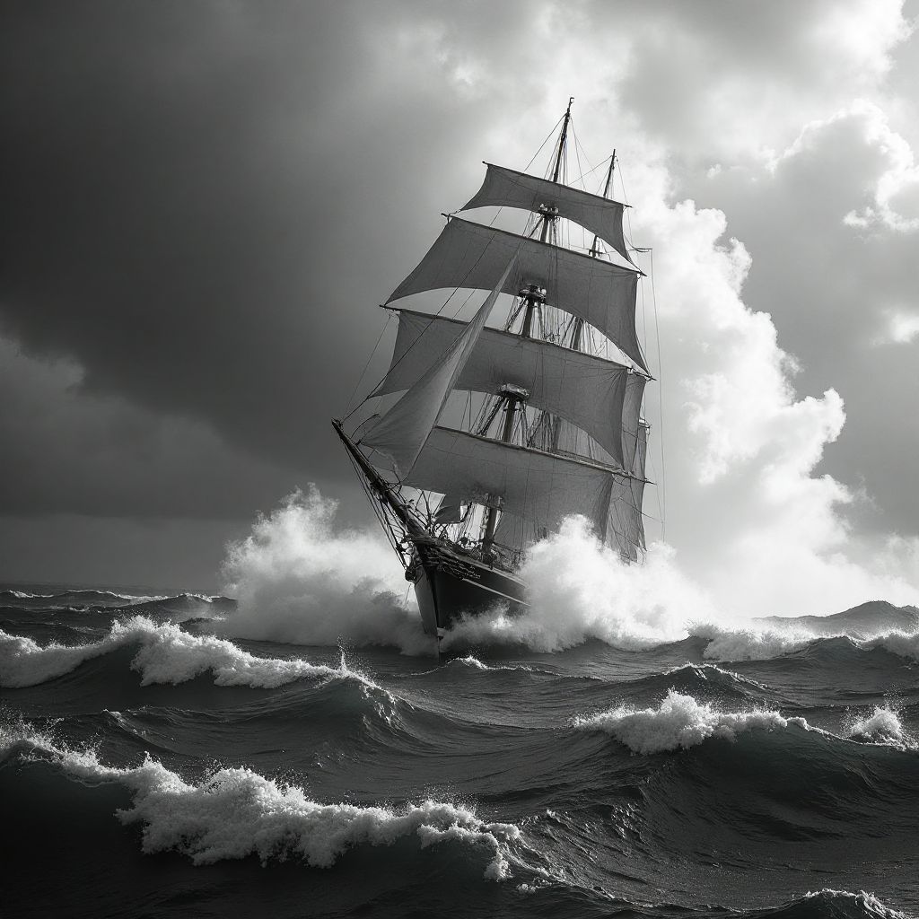Ship navigating through storm